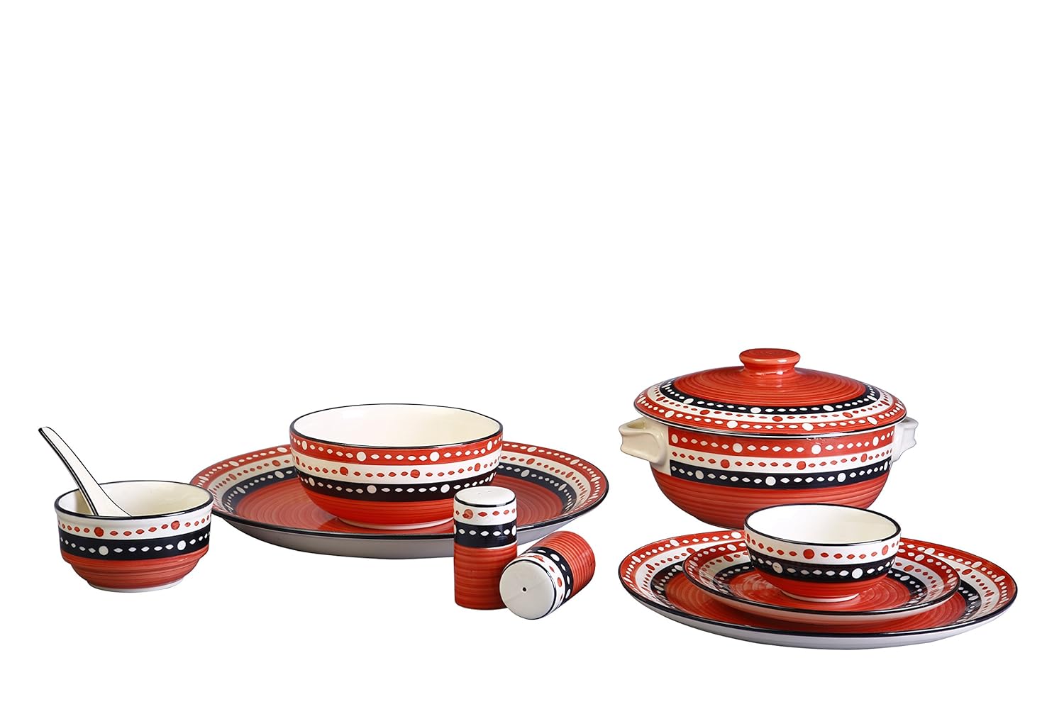 Caffeine Ceramic Handmade Red and Black Dotted Dinner Set (37 pieces - Microwave & Dishwasher Safe) - Caffeine Premium Stoneware