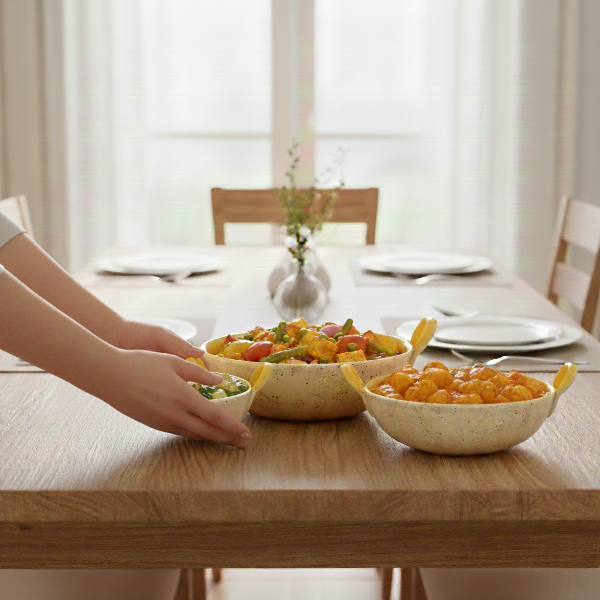 Caffeine Ceramic Handmade Marble White Matte & Yellow Serving Kadhai Set (Set of 3) Microwave Safe & Dishwasher Safe