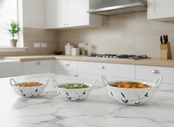 Caffeine Ceramic Handmade white Bamboo Serving kadhai Set of 3 (1 Large, 1 Medium and 1 Small)