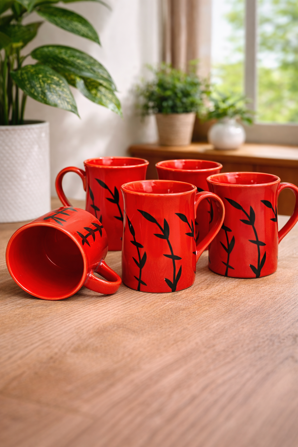Caffeine Ceramic Handmade Red Bamboo Coffee Mug (Set of 4)