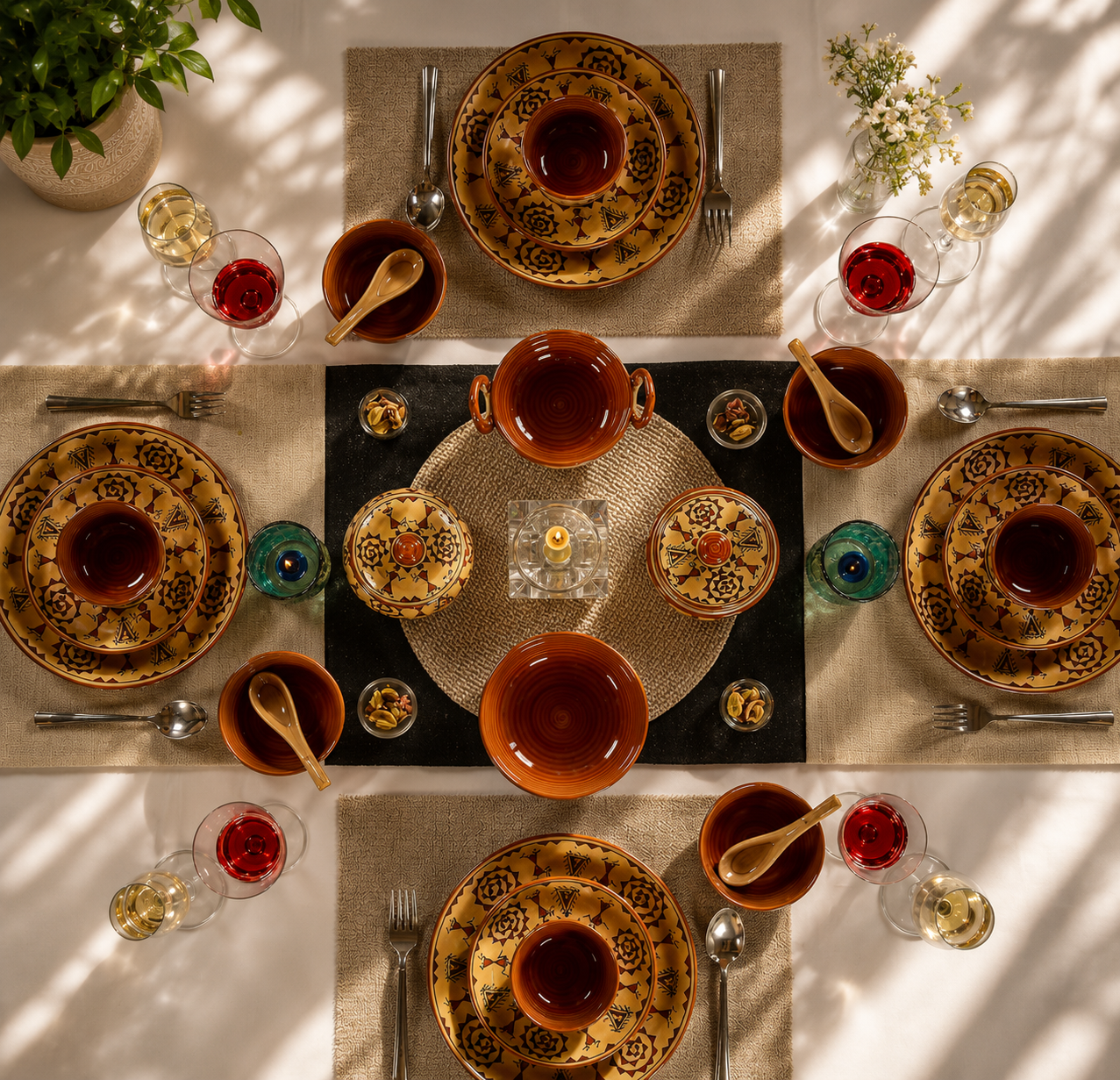 Caffeine Ceramic Handmade Mustard Romani Dinner Set (24 pcs.)