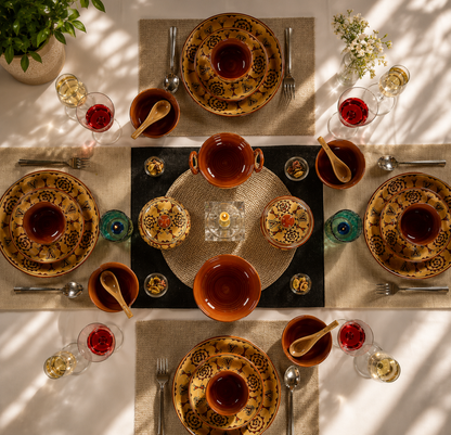 Caffeine Ceramic Handmade Mustard Romani Dinner Set (24 pcs.)