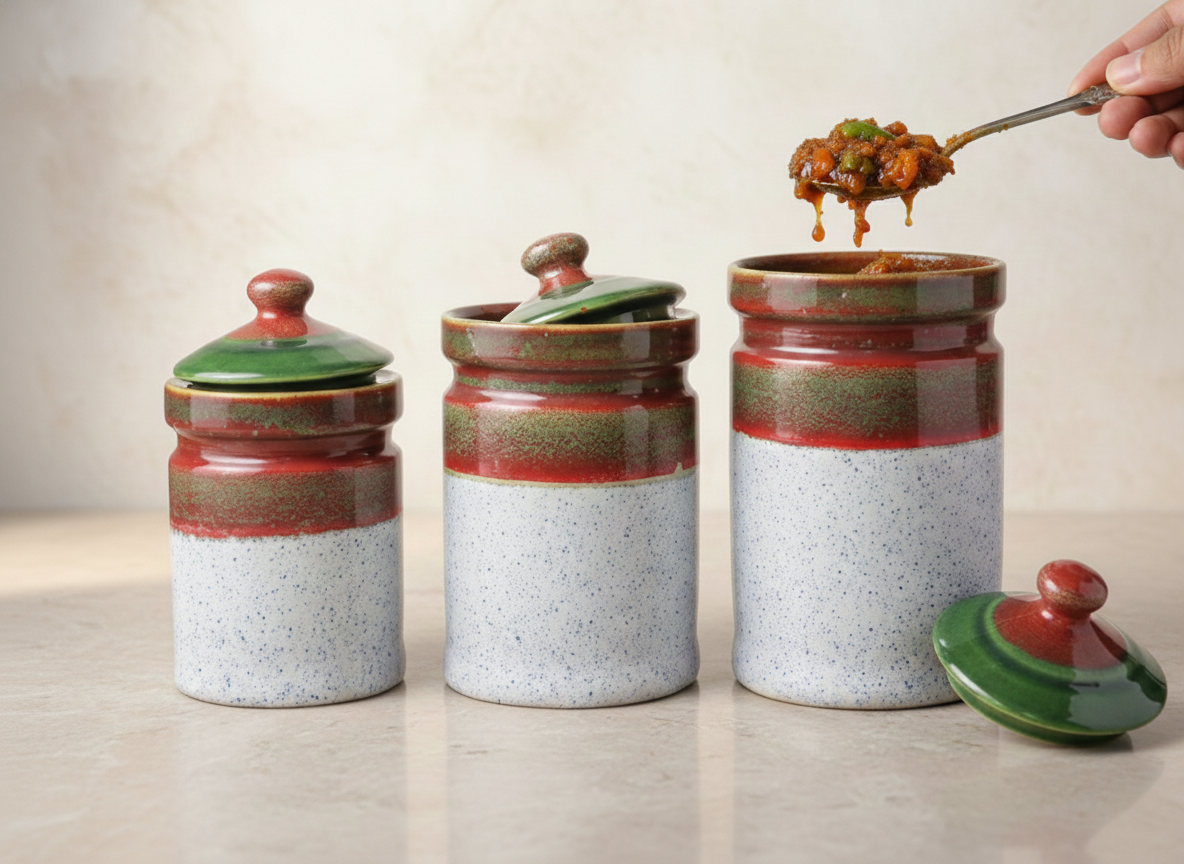Caffeine Ceramic Stoneware Handmade Multicolour Barni/Pickle Jar (Set of 3)