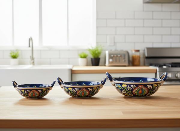 Caffeine Ceramic Handmade Stoneware Blue Jaipuri Serving kadhai (Set of 3 Microwave & Dishwasher Safe)