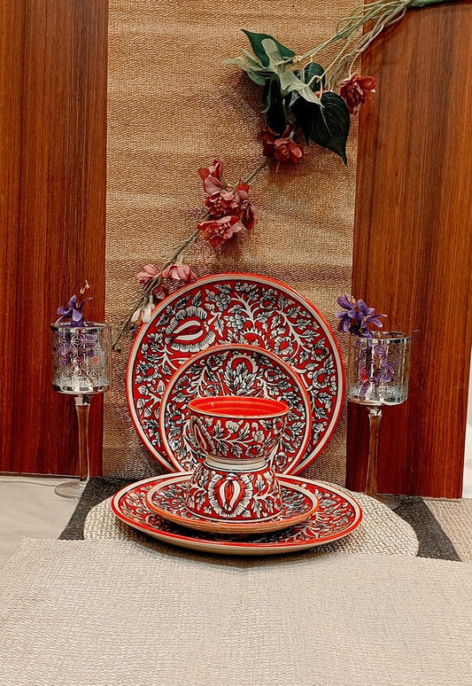 Caffeine Ceramic Handmade Red Mughal Dinner Set (Set of 6)