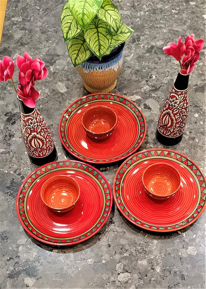 Caffeine Ceramic Handmade Red & Green Tribal Dinner Set (Set of 6)