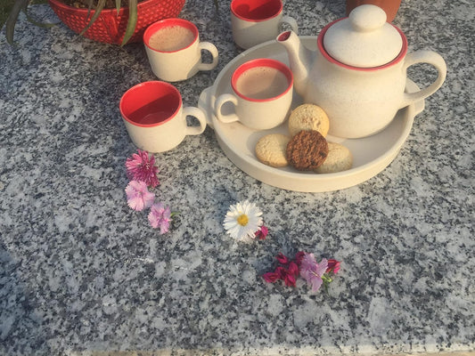 Caffeine Ceramic White and Red Tea Tray Set of 6 - Caffeine Premium Stoneware