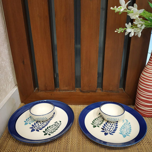 Caffeine Ceramic Handmade Blue Boota Combo Dinner Set (4 pcs.)