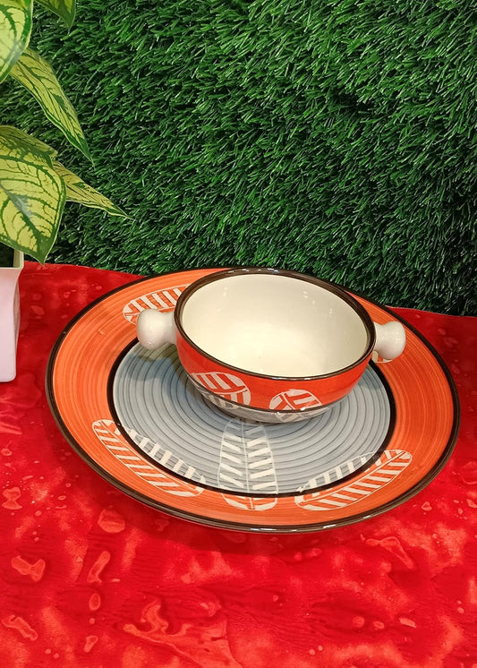 Caffeine Ceramic Handmade Orange & Grey Combo Dinner Set (set of 2)