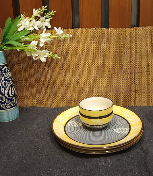 Caffeine Ceramic Handmade Yellow Leaf Combo Dinner Set (4 pcs.)