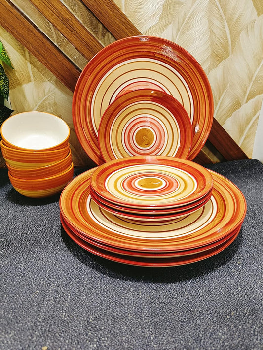 Caffeine Ceramic Handmade Orange Beige Combo Dinner Set (12 pcs.)