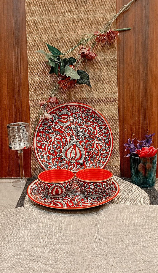 Caffeine Ceramic Handmade Red Mughal Combo Dinner Set (4 pcs.)