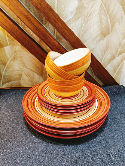 Caffeine Ceramic Handmade Orange Beige Combo Dinner Set (12 pcs.)