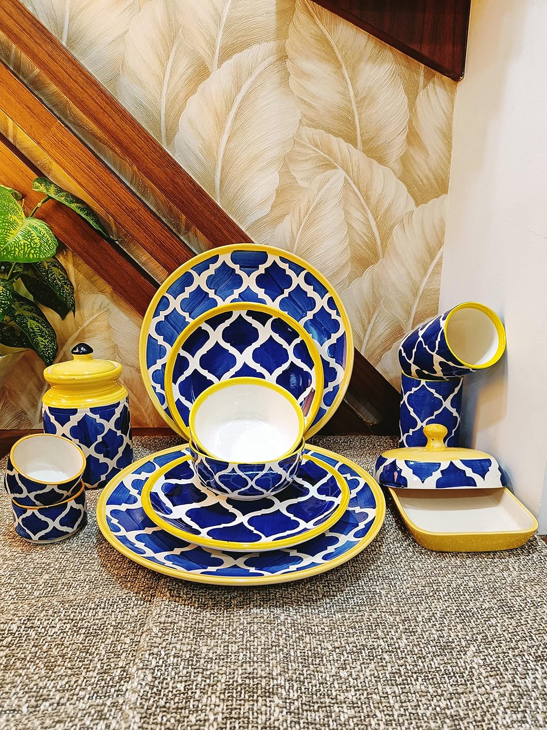 Caffeine Ceramic Handmade Blue Umrao Combo Dinner set (set of 12)