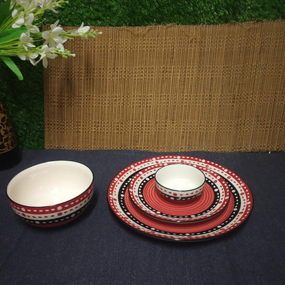 Caffeine Premium Ceramc Handmade Red & Black Dot Combo Dinner Set of 14 Pcs (4 Dinner Plate, 4 Quarter Plate, 4 Katori Bowl, 2 Serving Bowl)