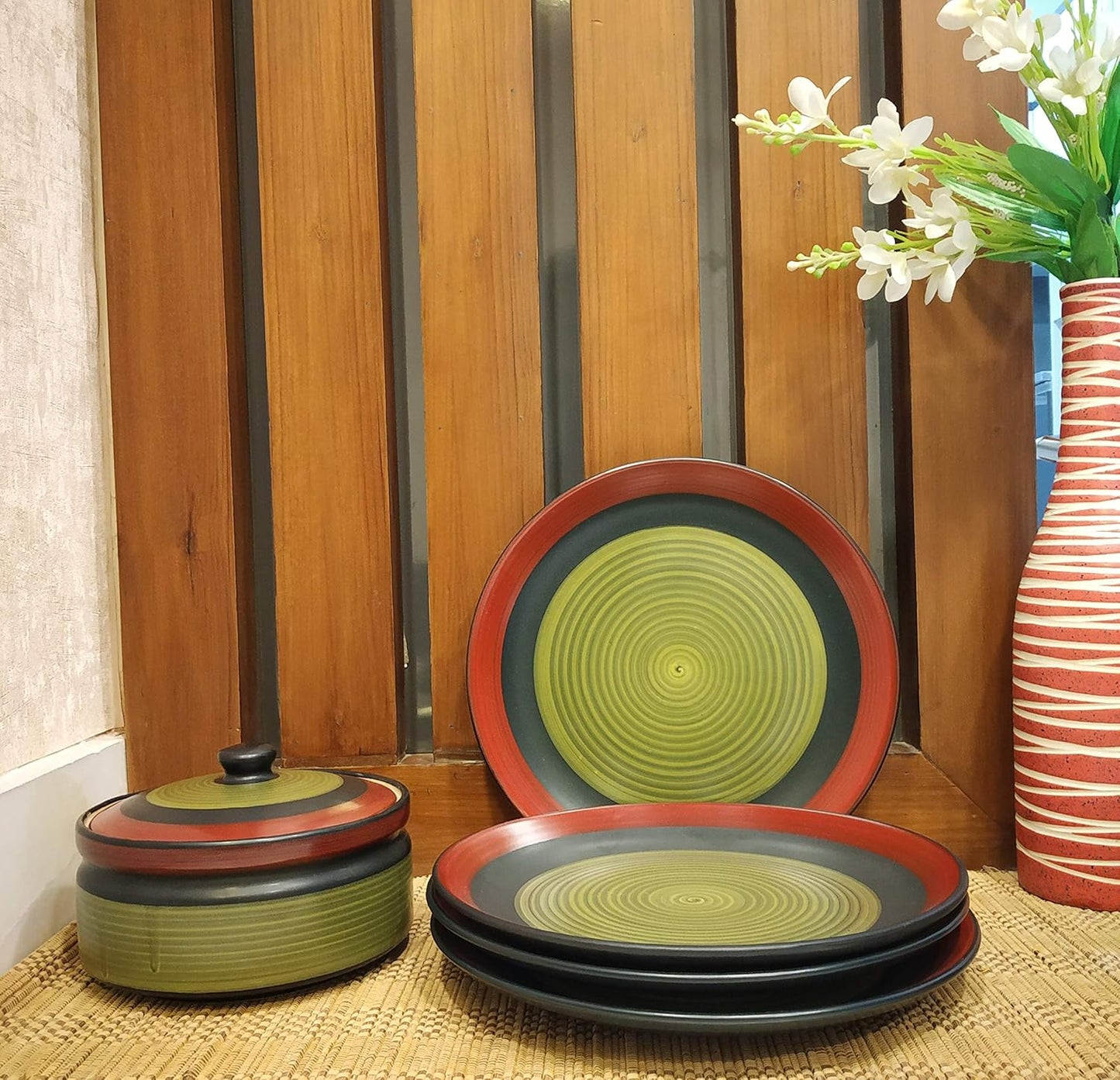 Caffeine Ceramic Handmade Green Chandrakari Combo Dinner Set (9 pcs.)