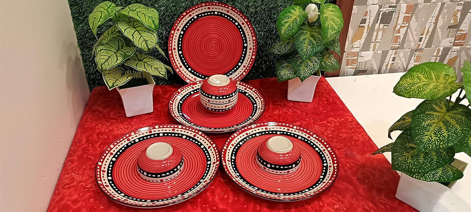 Caffeine Ceramic Stoneware Handmade Red & Black Dot Combo Dinner Set of 8 - Caffeine Premium Stoneware