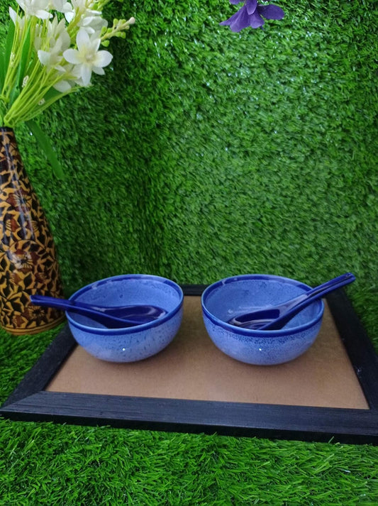 Caffeine Ceramic Handmade Blue Crackle Soup Bowl with Spoon (Set of 2) - Caffeine Premium Stoneware