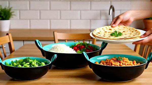 Caffeine Ceramic Handmade Stoneware Black & Sea Green kadhai (Set of 3 Microwave & Dishwsaher Safe)