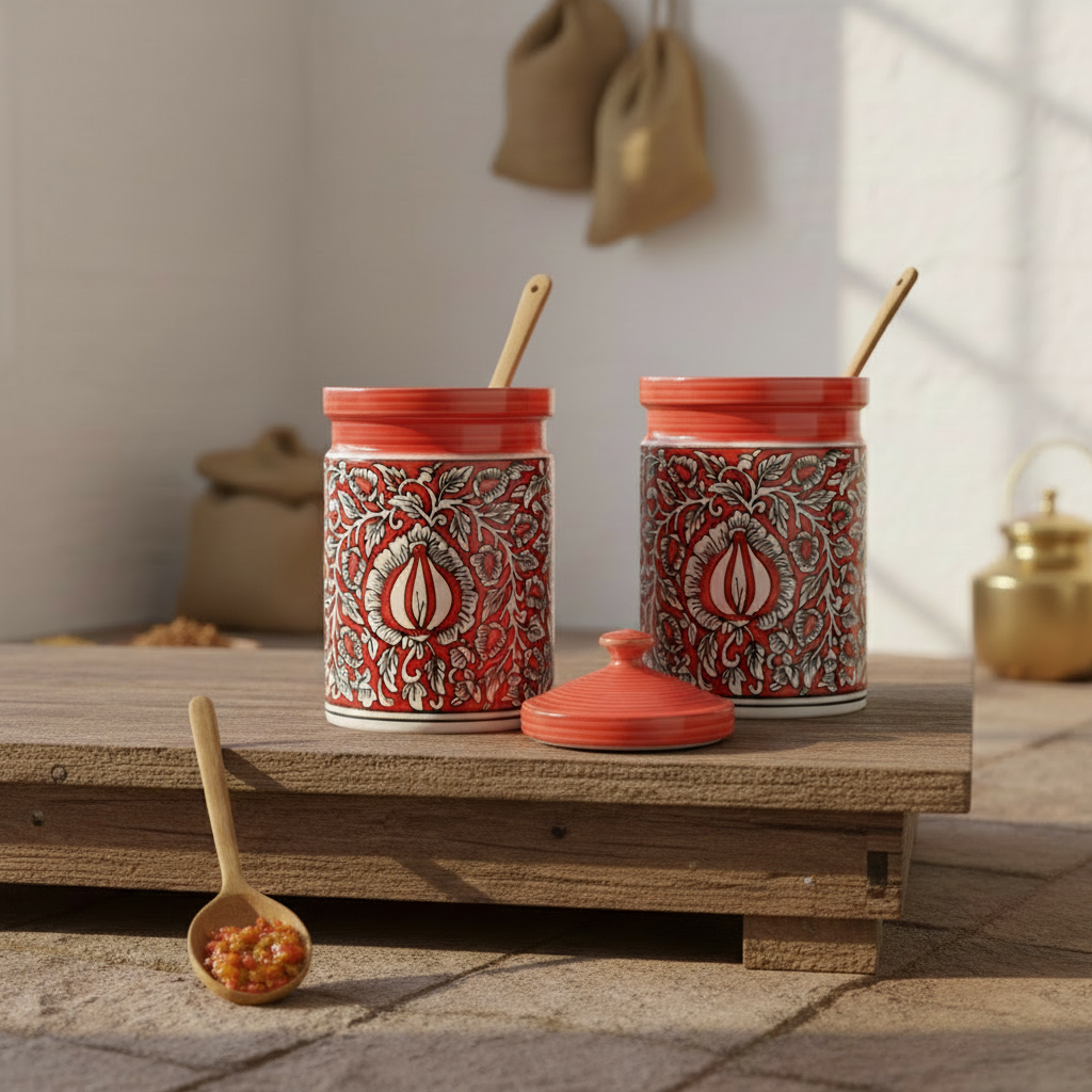 Caffeine Ceramic Stoneware Handmade Red Mughal Barni/Pickle Jar (Set of 3)