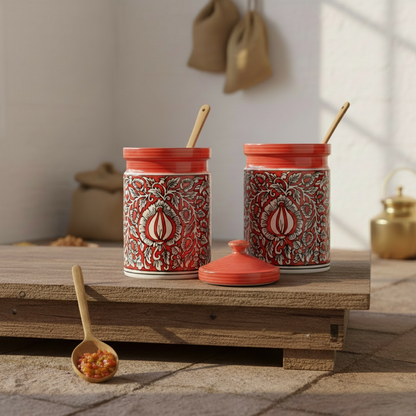 Caffeine Ceramic Stoneware Handmade Red Mughal Barni/Pickle Jar (Set of 3)