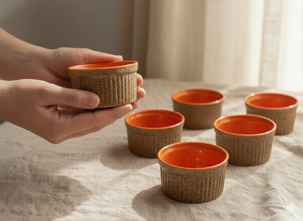 Caffeine Ceramic Handmade Brown and Glossy Orange Ramekins Bowls – (Set of 6, 150 ml)