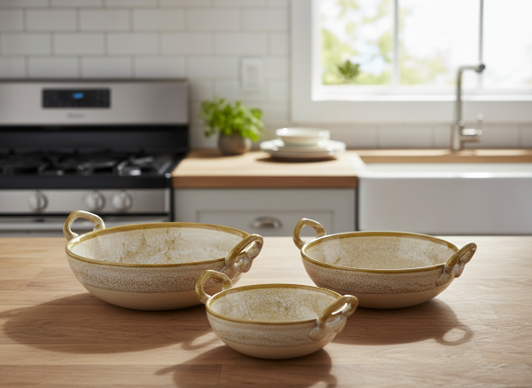 Caffeine Ceramic Handmade Stoneware Mustard Crackle Serving kadhai (Set of 3 Microwave & Dishwasher Safe)