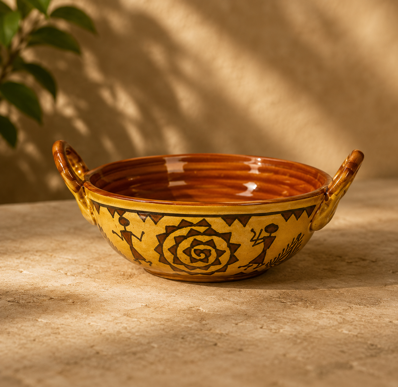 Caffeine Ceramic Handmade Stoneware Mustard Romani Serving kadhai (Set of 3 Dishwasher & Microwave Safe)