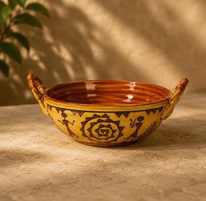 Caffeine Ceramic Handmade Stoneware Mustard Romani Serving kadhai (Set of 3 Dishwasher & Microwave Safe)