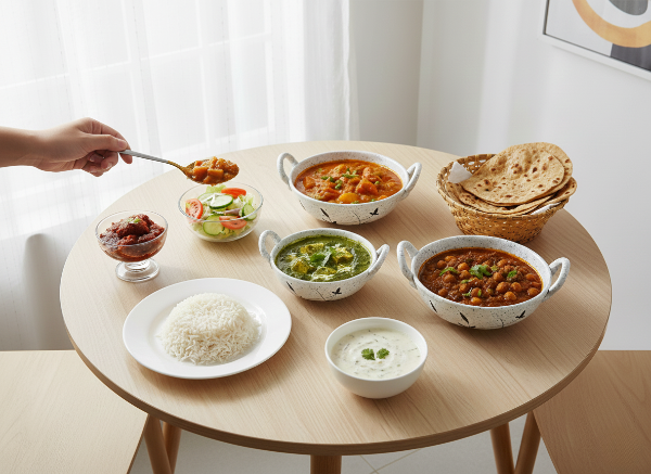 Caffeine Ceramic Handmade white Bamboo Serving kadhai Set of 3 (1 Large, 1 Medium and 1 Small)