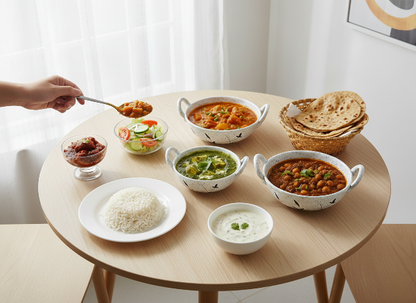 Caffeine Ceramic Handmade white Bamboo Serving kadhai Set of 3 (1 Large, 1 Medium and 1 Small)