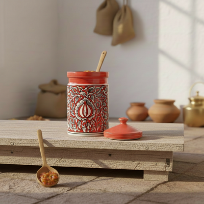 Caffeine Ceramic Stoneware Handmade Red Mughal Barni/Pickle Jar (Set of 3)