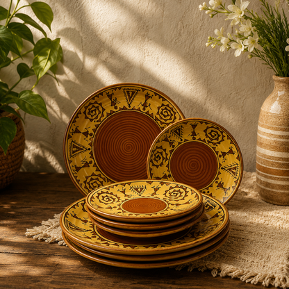 Caffeine Ceramic Handmade Mustard Romani Combo Dinner Set (10 pcs.)
