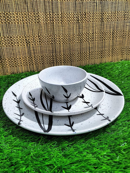 Caffeine Ceramic Handmade White Bamboo Combo Dinner Set (3 pcs.)