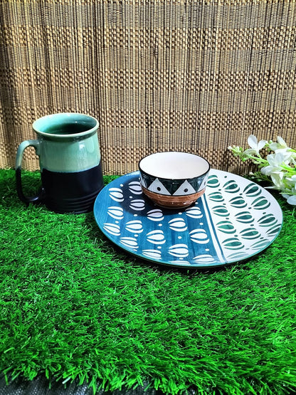 Caffeine Ceramic Handmade Green mughal Combo Dinner Set (3 pcs.)