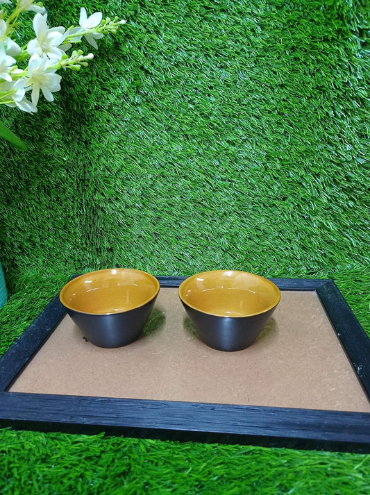 Caffeine Ceramic Handmade Studio Black Matte Glossy Mustard Dessert Bowl -(Set of 2) - Caffeine Premium Stoneware