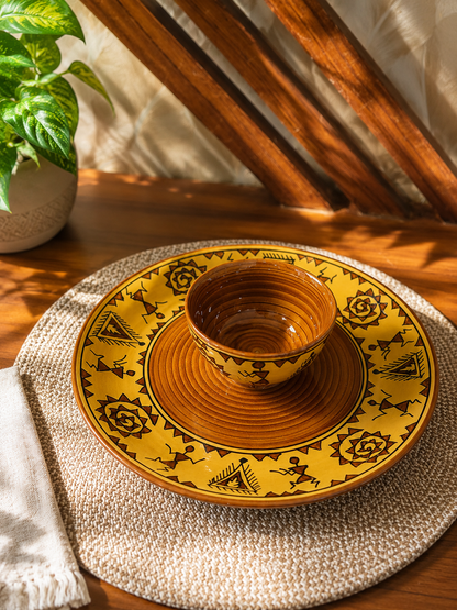 Caffeine Ceramic Handmade Mustard Brown Romani Dinner Set (Set of 2)
