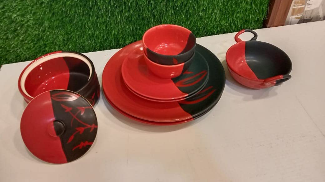 Caffeine Ceramic Handmade Half Red & Black Bamboo Combo Dinner Set 3 pcs.(1 Dinner Plate,1 Quarter Plate 1 Katori Bowl)