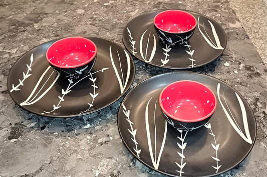 Caffeine Ceramic Handmade Black & Red Bamboo Dinner Set(Set of 6) - Caffeine Premium Stoneware