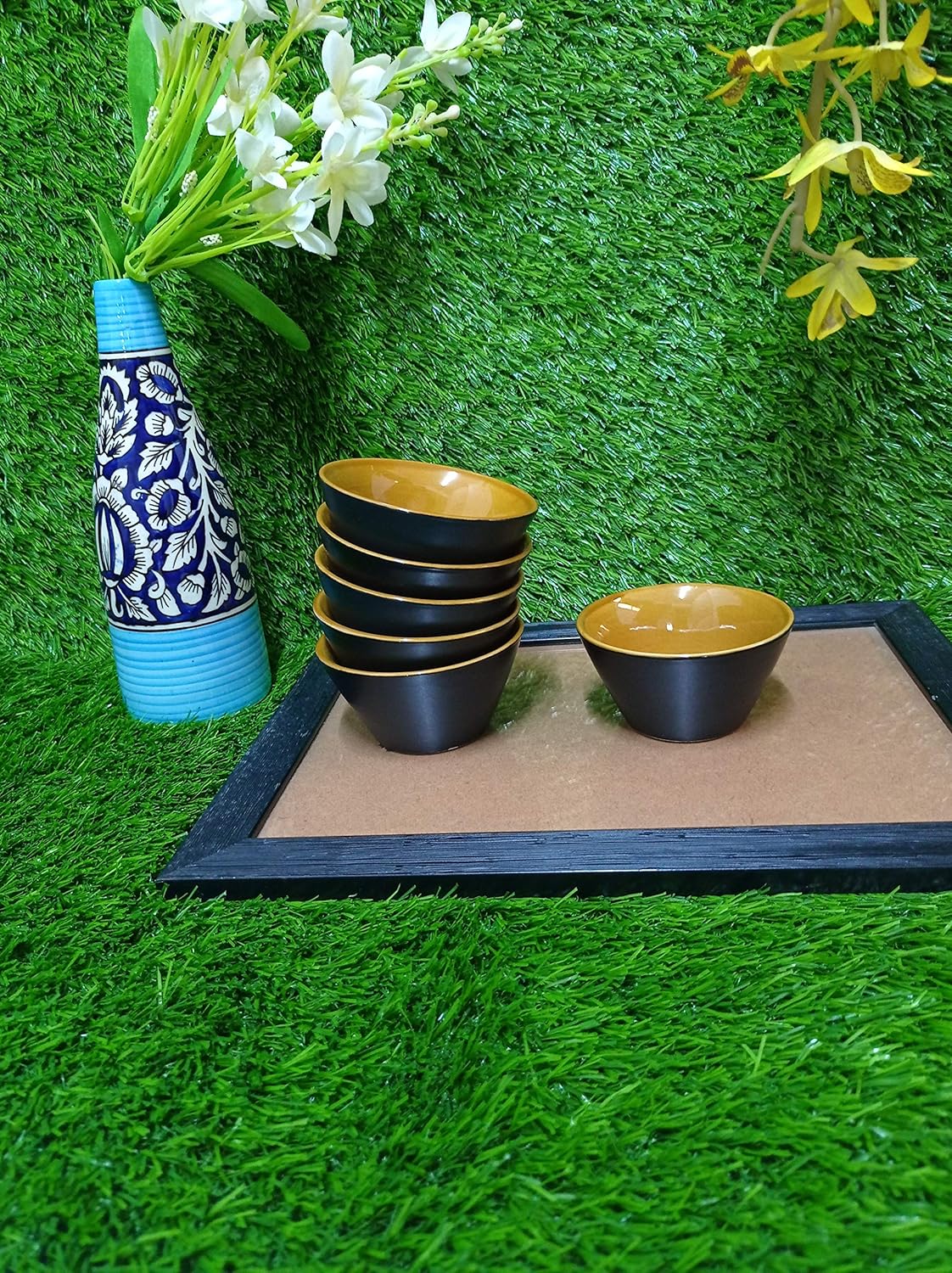 Caffeine Ceramic Handmade Black Matte Glossy and Brown Dessert Bowl (Set of 6) - Caffeine Premium Stoneware