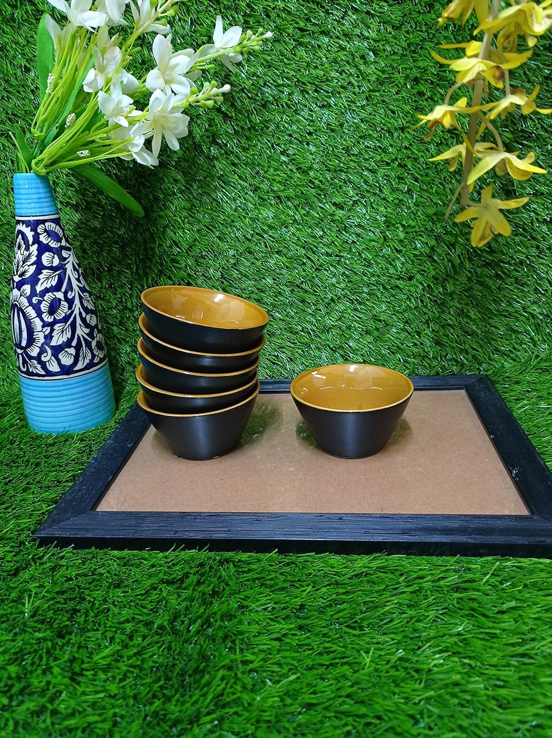 Caffeine Ceramic Handmade Black Matte Glossy and Brown Dessert Bowl (Set of 6) - Caffeine Premium Stoneware