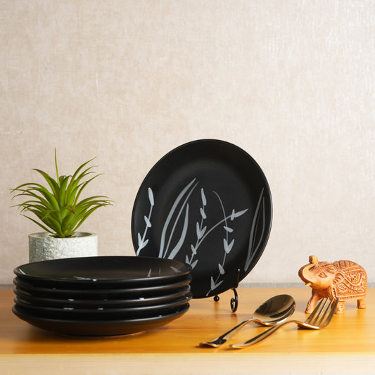 Caffeine Ceramic Handmade Stoneware Black Bamboo Dinner Plates 10 inch Set of 6 (Microwave & Dishwasher Safe) - Caffeine Premium Stoneware