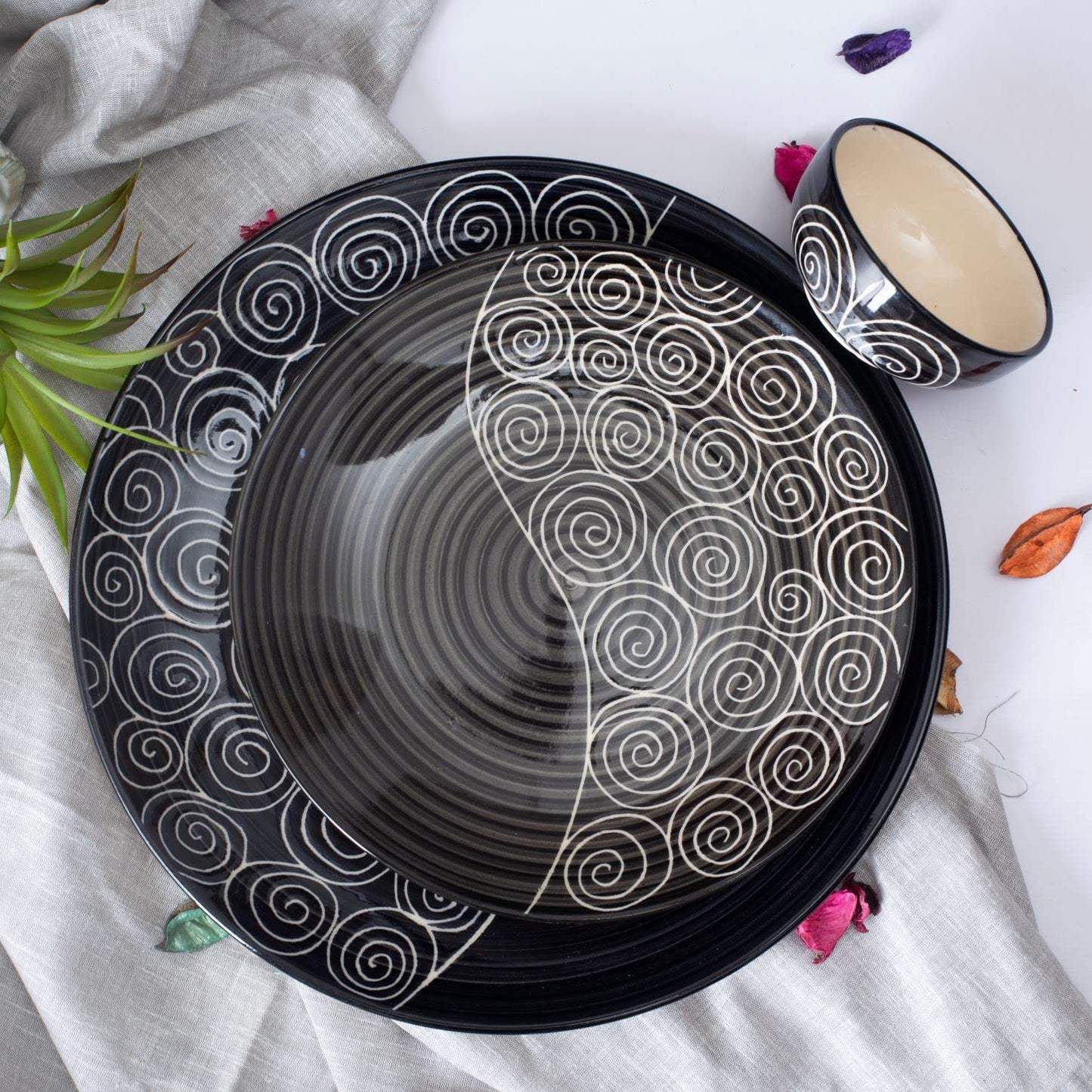 Caffeine Ceramic Stoneware Handmade Black Doodle Combo Dinner Set of 11 Pcs ( 4 Dinner Plate , 4 Katori Bowl , 2 Water Glass ,1 Dip & Sauce