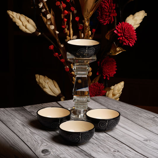 Caffeine Ceramic Handmade Black Doodle Katori Bowl (Set of 4) - Caffeine Premium Ceramic