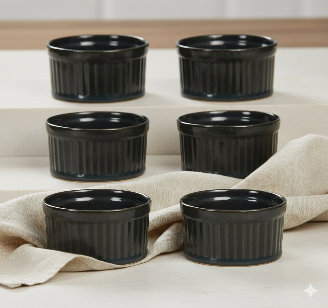Set of six black ramekins on a light beige surface with a beige cloth.