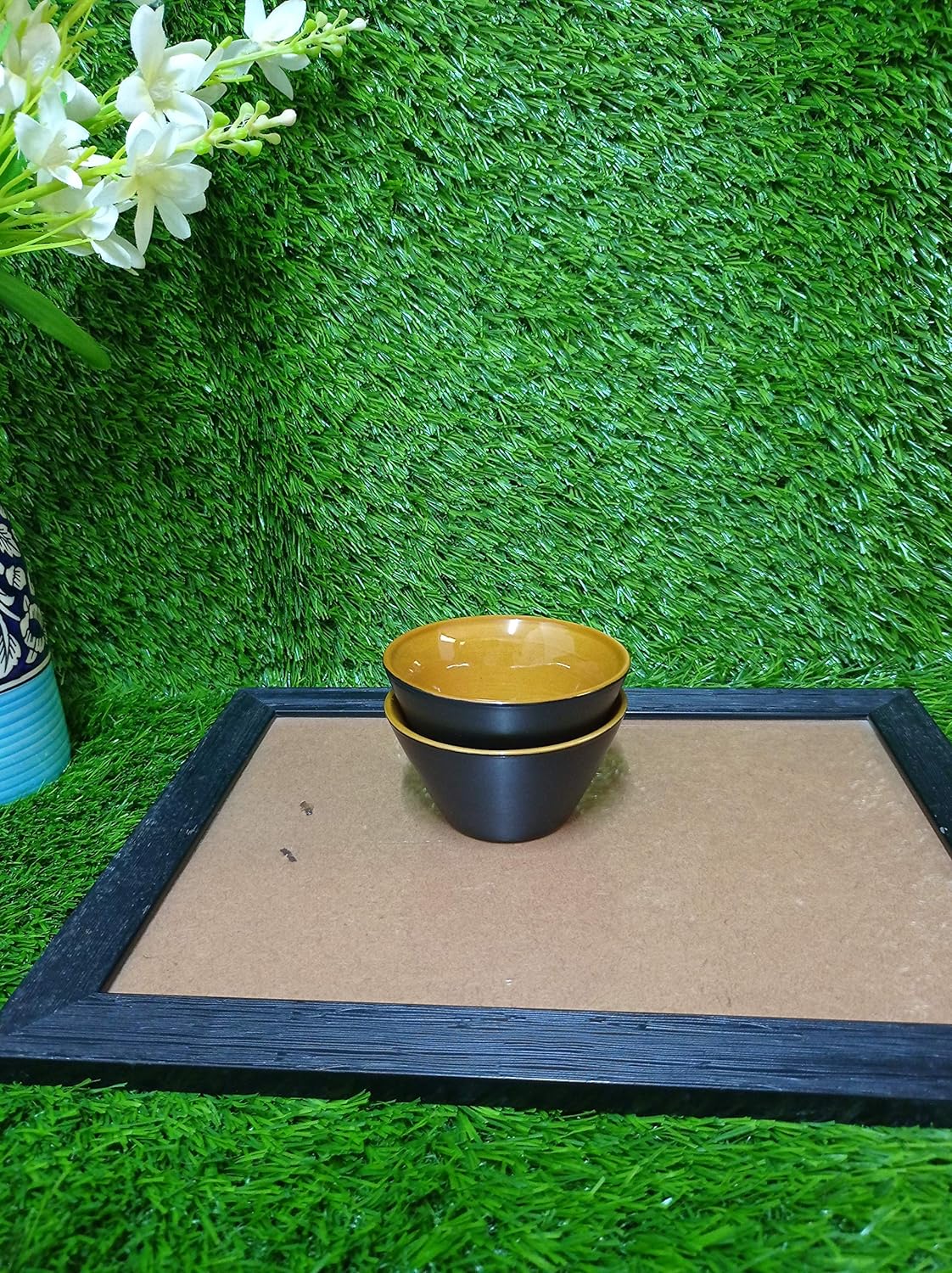 Caffeine Ceramic Handmade Studio Black Matte Glossy and mustard Dessert Bowl (Set of 4) - Caffeine Premium Stoneware