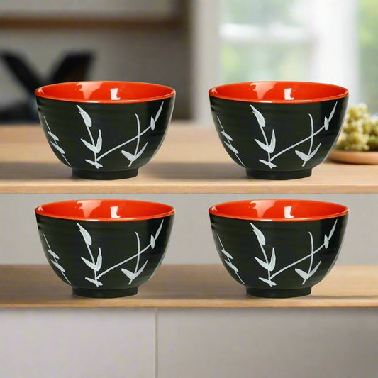Caffeine Ceramic Handmade Black & red Bamboo Dessert Bowl (Set of 4, 150 ml) - Caffeine Premium Ceramic