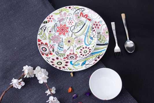 Caffeine Ceramic Handmade Multicolour Flower Design Combo Dinner (Set 6 )