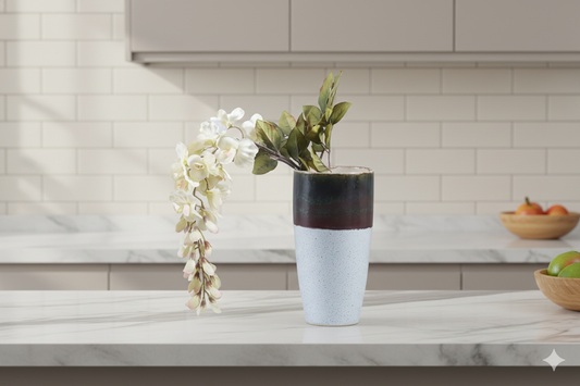 Decorative vase with flowers on a kitchen counter