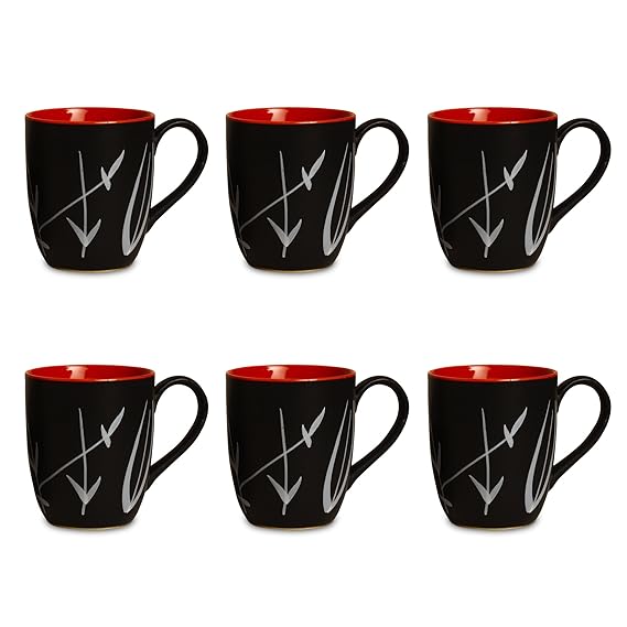 Caffeine Ceramic Stoneware Handmade Black & Red Leaf Coffee Mug (Set of 6) - Caffeine Premium Stoneware